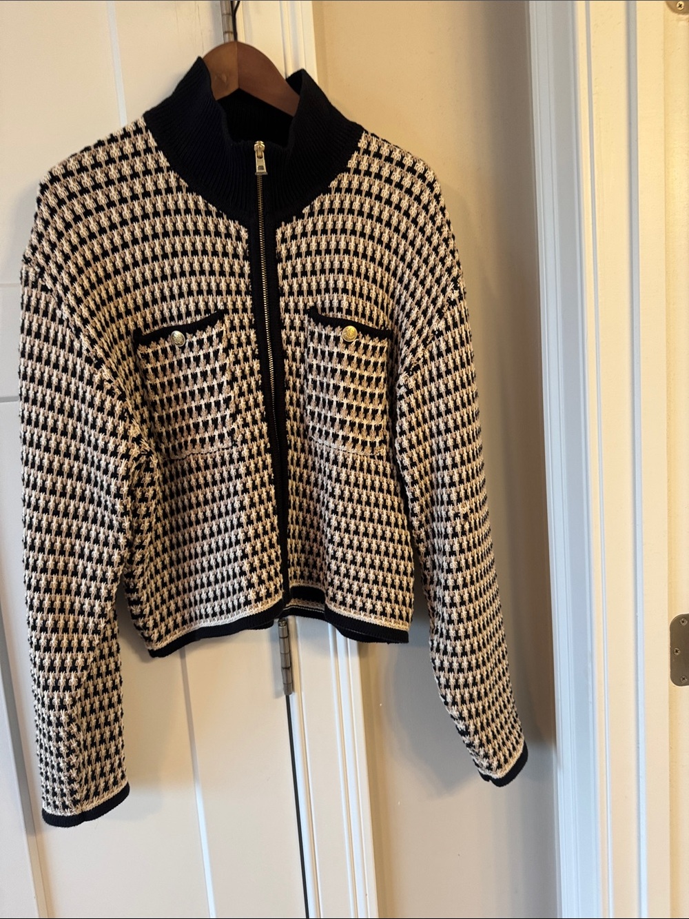 J. Crew Black and Cream Houndstooth Zip-Up Jacket. Never worn. Too big for me.